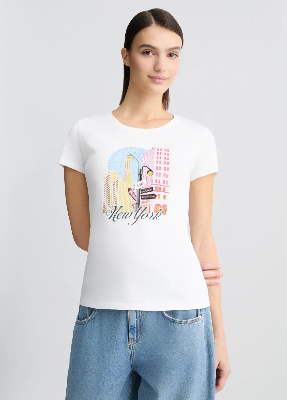 Liu Jo Camiseta de algodón con estampado y aplicaciones de strass-Mujer Camisetas Y Tops