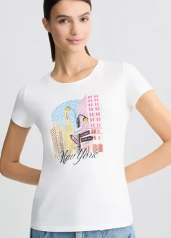 Liu Jo Camiseta de algodón con estampado y aplicaciones de strass-Mujer Camisetas Y Tops