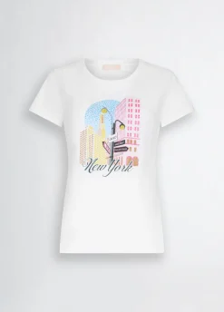 Liu Jo Camiseta de algodón con estampado y aplicaciones de strass-Mujer Camisetas Y Tops
