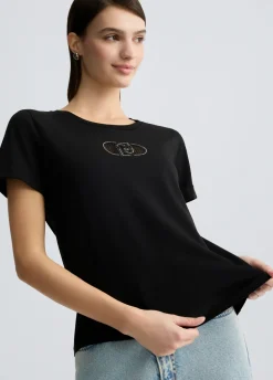 Liu Jo Camiseta de algodón con logotipo y strass-Mujer Ropa Deportiva|Camisetas Y Tops
