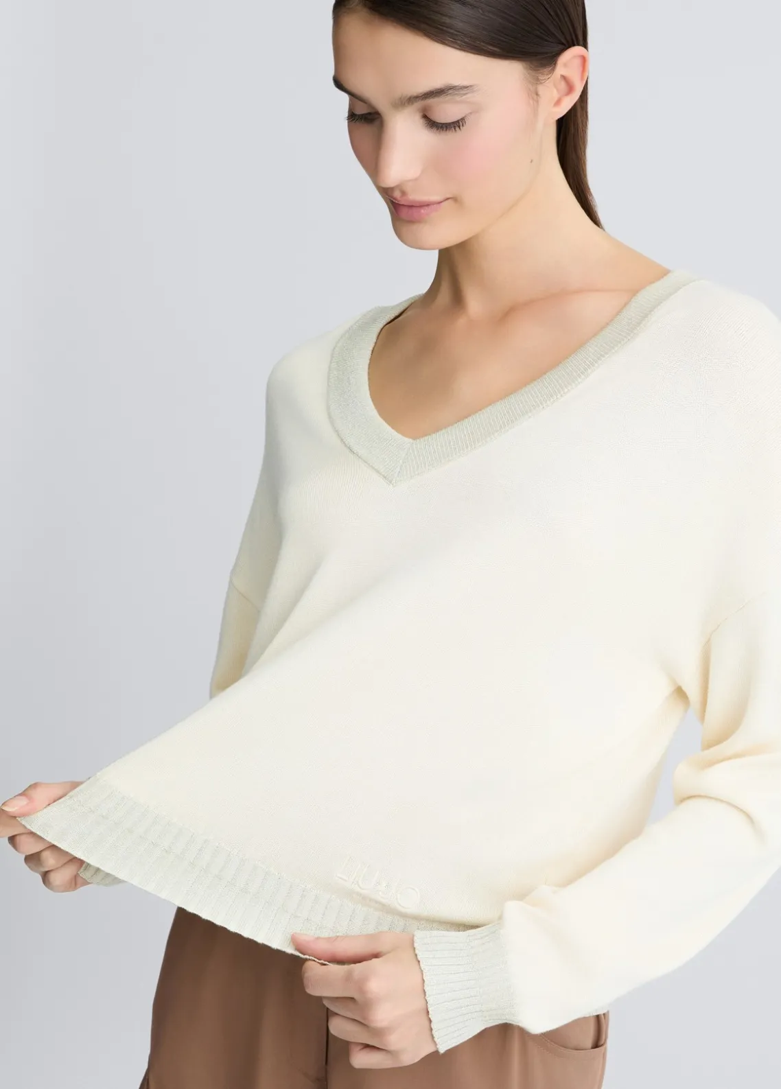 Liu Jo Jersey marfil con cuello de pico-Mujer Cárdigans Y Jerséis